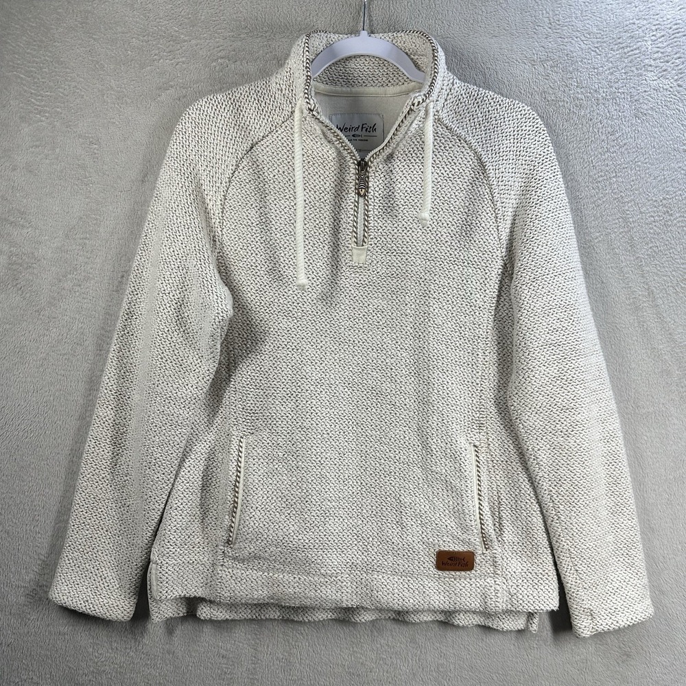 Weird Fish Chunky Macaroni Knit Fleece Sweatshirt 1/4 Zip Neck Size UK 10 Ivory